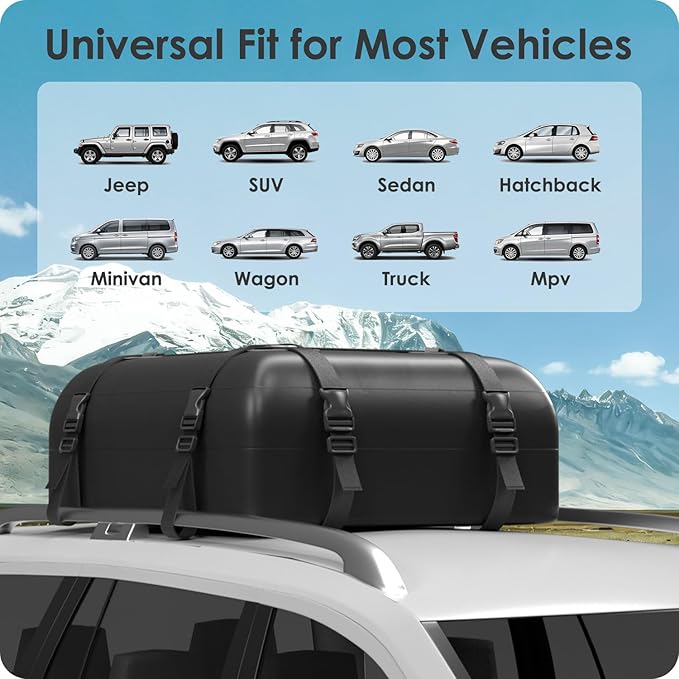Car Rooftop Cargo Carrier Bag 15 Cubic Feet, 100% Waterproof Heavy Duty Car Roof Bag for All Vehicle with/Without Racks - Anti-Slip Mat, 4 Door Hooks, Storage Bags, 4PCS 3.8CM Straps(Gray)