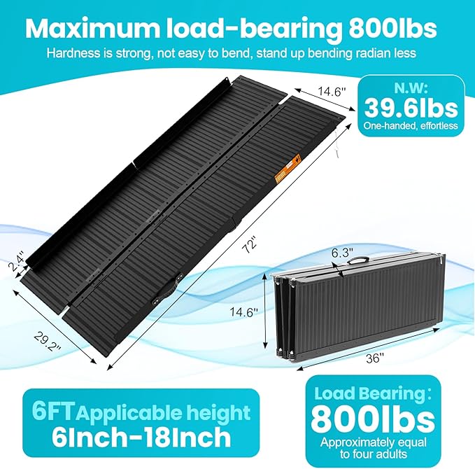 Wheelchair Ramp 6ft, Portable Non-Skid Aluminum Ramps for Wheelchairs for Home Steps, 800 LBS Capacity Handicap Ramp for Doorway, Homes, Threshold, Entry, Stairs 72" Lx 29.2" Wx2H