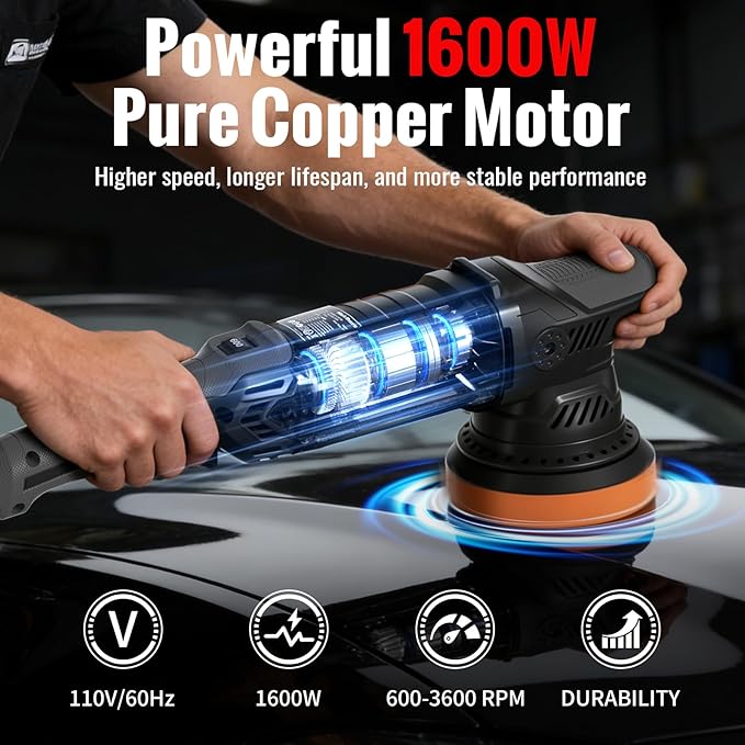Car Buffer Polisher, 5 Inch Random Orbital Car Polisher, 1600W 6 Variable Speed 600-3600 RPM, 26Pcs Attachments, Polisher for Car Detailing, Boat Sanding, Scratch Removing