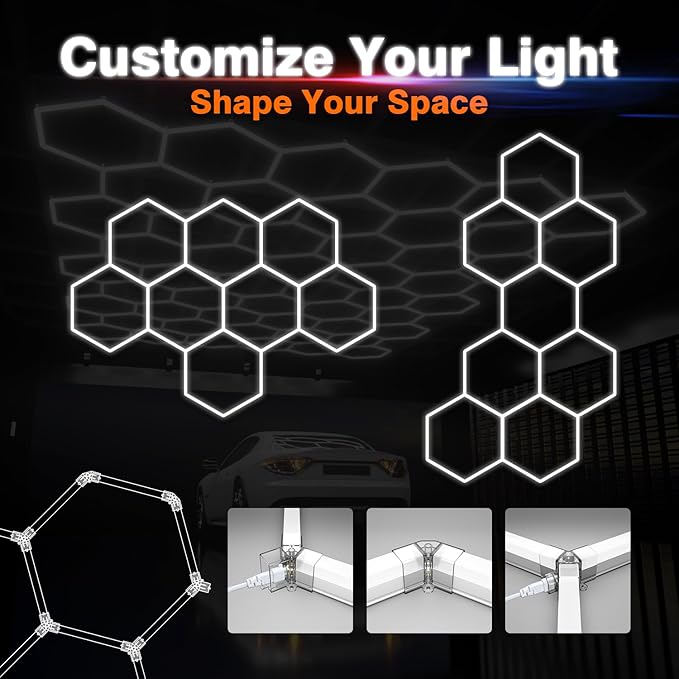 Hexagon Garage Lights, 8-HEX 350W 5000K Daylight Garage LED Lights, Modular Honeycomb Shop Light for Detailing, Workshop, Home Gym, Warehouse, DIY Workspace