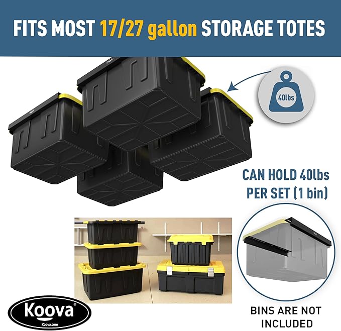 Koova Heavy-Duty Overhead Garage Storage Rack for 4 Bins. Adjustable Width, 160lb Capacity. DIY Safe Ceiling Mount, Easy Install. Fits 27-Gallon Totes. USA Made Pro-Grade Steel. Space Saving Organizer