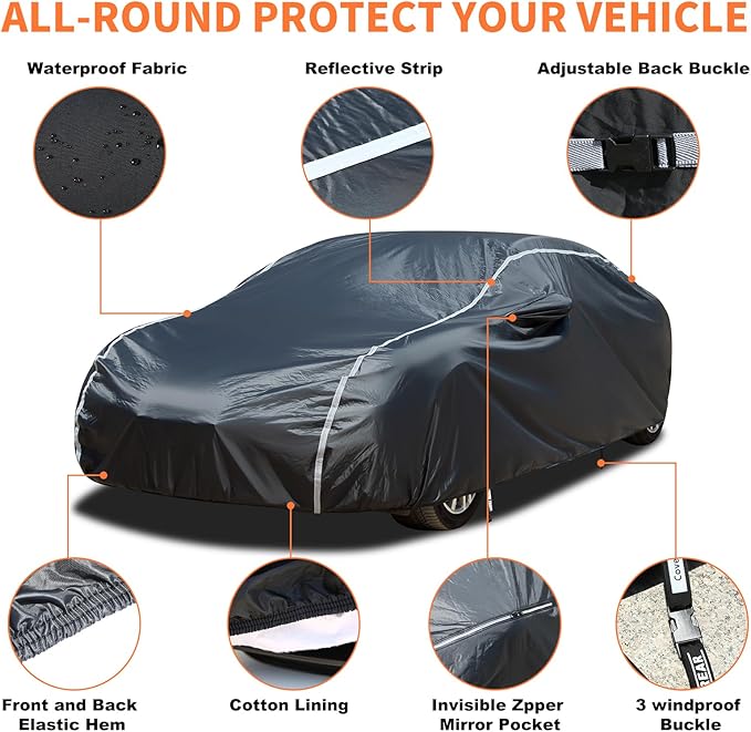 Coverado 6 Layers Car Cover Waterproof All Weather, Soft Cotton Lined Coupe Cover, Outdoor Heavy Duty Car Covers Rain Snow UV Hail Protection, Full Covers Universal Fit for Sports Car (173"-182")