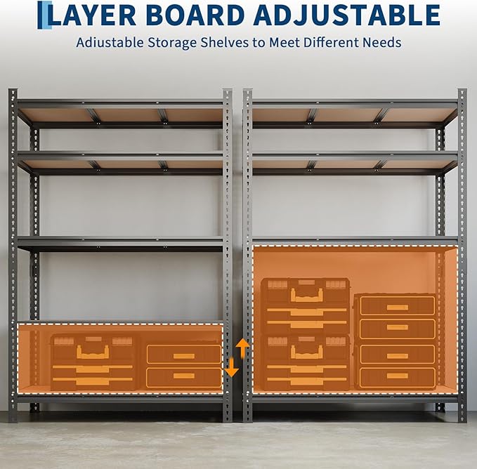 5-Tier Heavy Duty Adjustable Metal Storage Unit, 72" h x 35.5" w x 12" d, for Garage, Basement, Warehouse, Pantry, Closet, Kitchen, Black，2 Pack