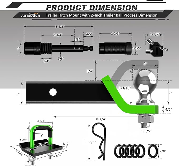 AUTMATCH Trailer Hitch Ball Mount with 2 Inch Hitch Ball - Fits 2" Receiver with Hitch Tightener, 8000Lbs Capacity Ball Hitch, 2-Inch Drop with 5/8" Hitch Lock Pin, Green & Black