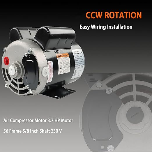 Air Compressor Motor 3.7 HP Motor 56 Frame 5/8 Inch Shaft 230 V