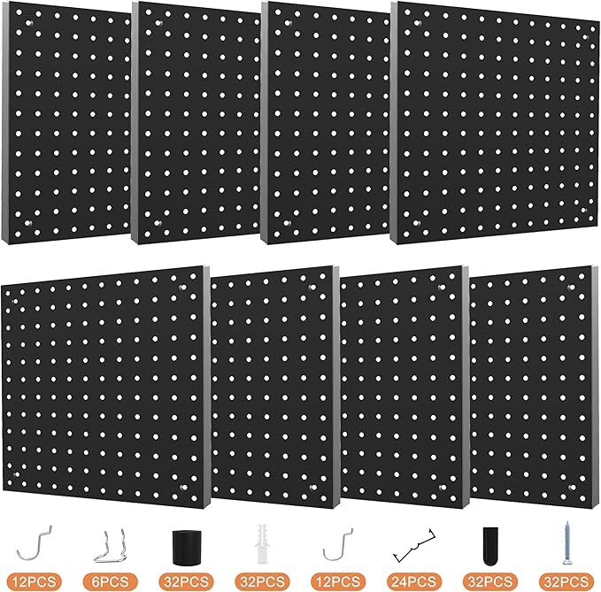 Peg Board,12"x12" Black Metal Pegboard Wall Organizer with Pegboard Accessories 8 Packs Metal Pegboard Panels