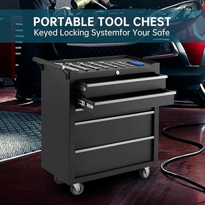 GarveeLife 5-Drawer Tool Box 24" Garage Tool Box with Key Lock and Removable Drawer Liners, Wheeled Design, Suitable for Garages, Warehouses, Workshops, and Repair Shops - Black