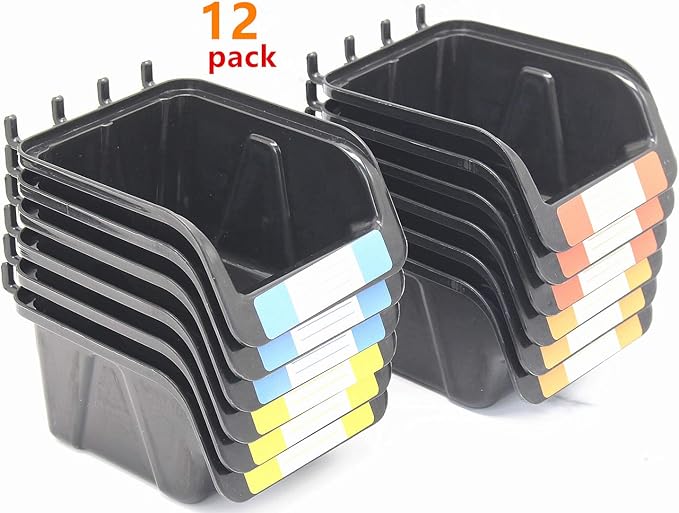 Colorstorm Pegboard Bins Kit 12 PACK Black Pegboard Parts Storage Tool Peg Borad Workbench Bins Organize Hardware,Attachments,Accessories (12 Pack)
