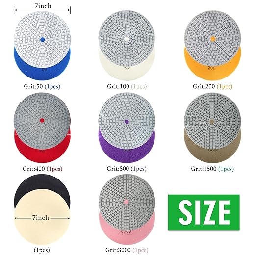 8PCS Diamond Polishing Pads 7 Inch, Wet/Dry Concrete Polish Tools Kit for Drill, Grinder, Polisher, 50-3000 Grit Polishing Set for Marble Granite Quartz Stone