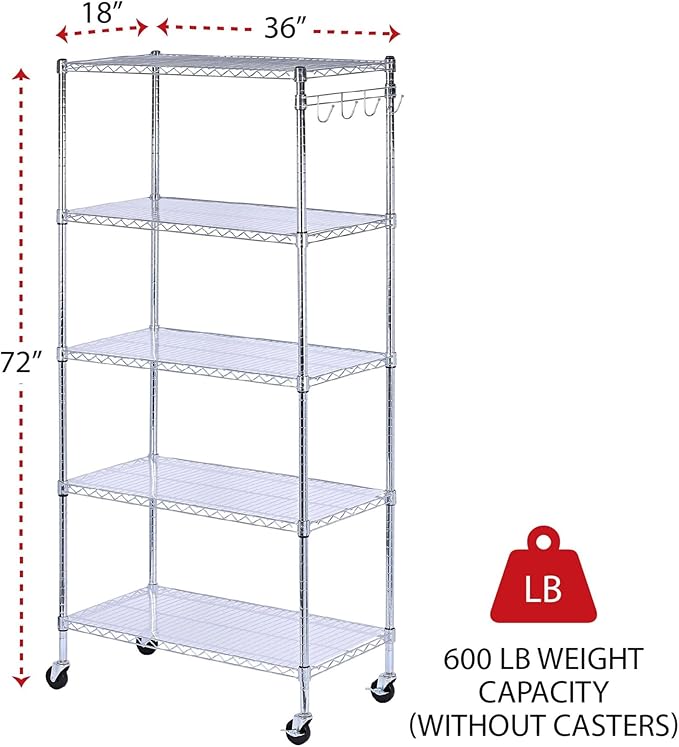 Alera 5-Shelf Wire Shelving Kit with Casters and Shelf Liners, 36w X 18d X 72h, Silver