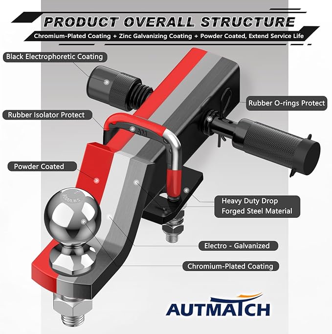 AUTMATCH Trailer Hitch Ball Mount with 2 Inch Hitch Ball - Fits 2" Receiver with Hitch Tightener, 8000Lbs Capacity Ball Hitch, 2-Inch Drop with 5/8" Hitch Lock Pin, Red