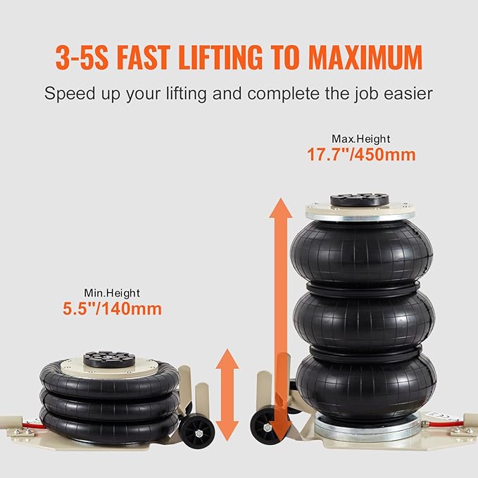 VEVOR Air Jack, 3T / 6600 lbs Triple Bag Air Jack, Airbag Jack with Six Steel Pipes, Lift up to 17.7 inch/450 mm, 3-5 s Fast Lifting Pneumatic Jack, with Long Handles for Car, Garage, Repair