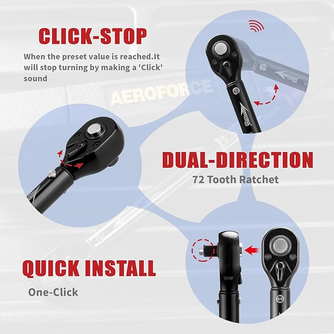 AEROFORCE 3/8-Inch Drive Torque Wrench（10-80 lb.ft / 13.6-108.8 Nm),72 Tooth Dual Direction Reversible Ratchet, Dual Range Scales, Precision Calibrated for Bike, Motorcycle and Car Repair