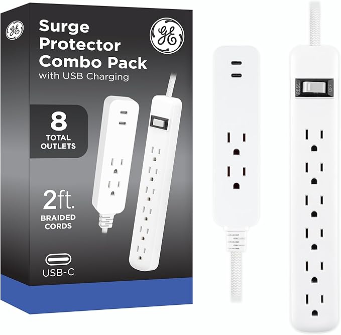 GE Surge Protector Power Strip Combo Pack with Multiple Outlets, 6 Outlet & 2 Outlet 2 USB-C, 245 Joules, 2ft Braided Cords, Flat Plugs, ETL Certified, White, 86076