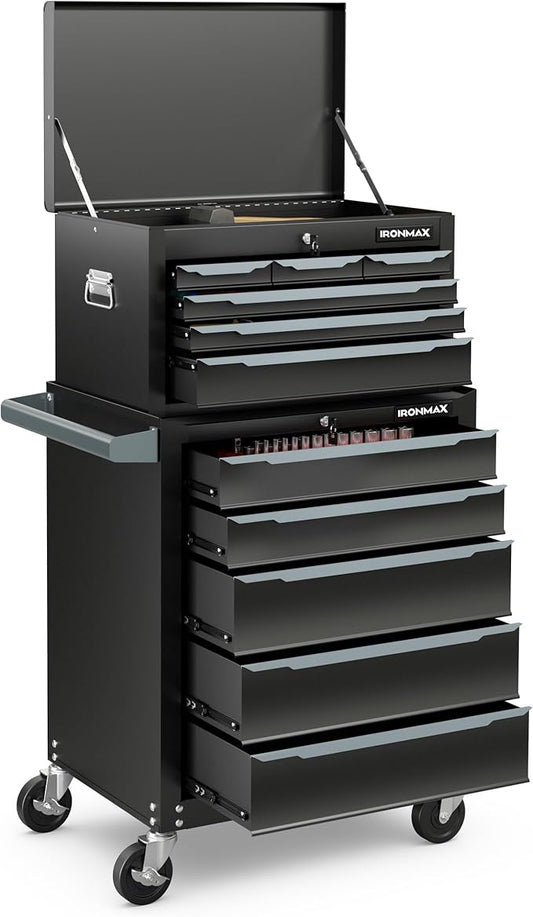 Goplus Rolling Steel Tool Chest, 11-Drawer Heavy-Duty Tool Storage Cabinet with Hanging Holes, Central Keyed Locking System, Ball-Bearing Slides & Lockable Wheels, Tool Box Organizer for Garage