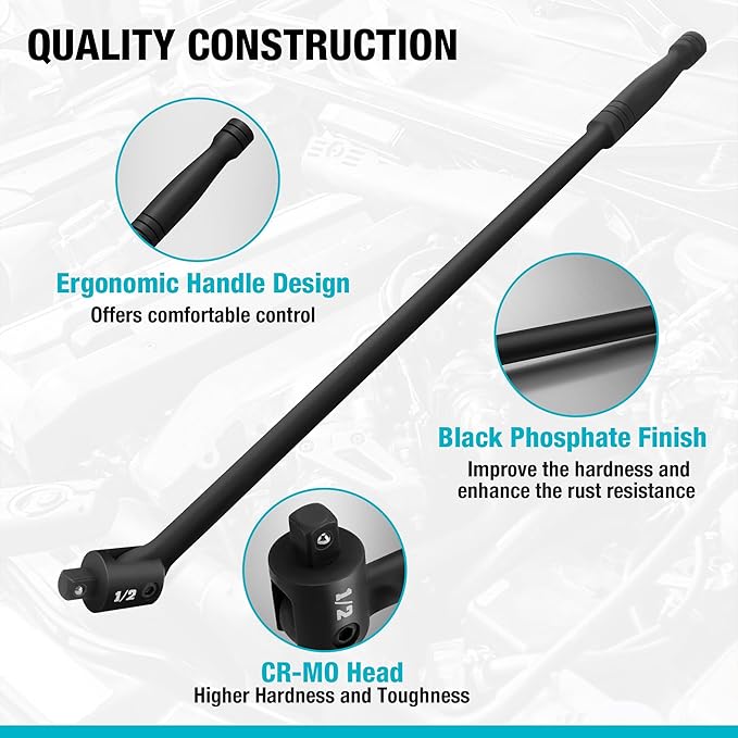 DURATECH Breaker Bar, 1/2'' Drive 24-Inch Breaker Bars Heavy Duty, with 240° Flex Head, Spring-loaded Detent Ball, CR-MO Head, Premium Black Phosphate Finish