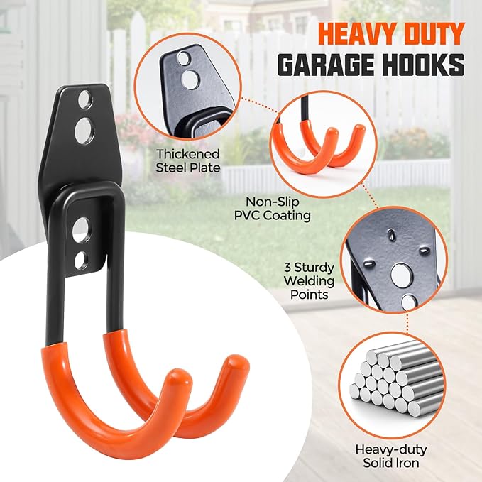 Heavy Duty Garage Hooks, 24 Pack Steel Wall Mount Storage Organizer with Anti-Slip Coating Garage Hook Set for Hanging Ladders, Bikes, Tools, Ropes, Coats