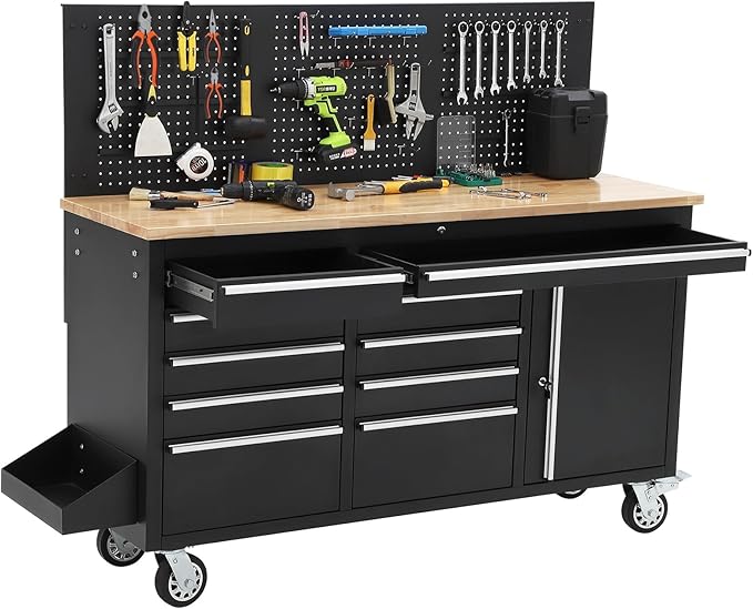 61-Inch Heavy Duty Rolling Tool Chest with 10 Drawers and Solid Rubber Wood Top Mobile Workstation, 1675 LBS Load, Includes Power Strip, Locking System, Drawer Liners for Garage Warehouse Repair Shop