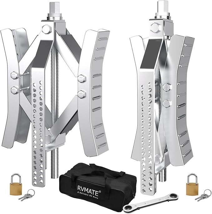 RVMATE RV Camper Wheel Chock Stabilizer Scissor, X Chocks Wheel Stabilizer (2 Packs) for RV Travel Trailer Tires, X Chock for Locking Tandem Wheels When Parked on Uneven Surfaces, Silver.