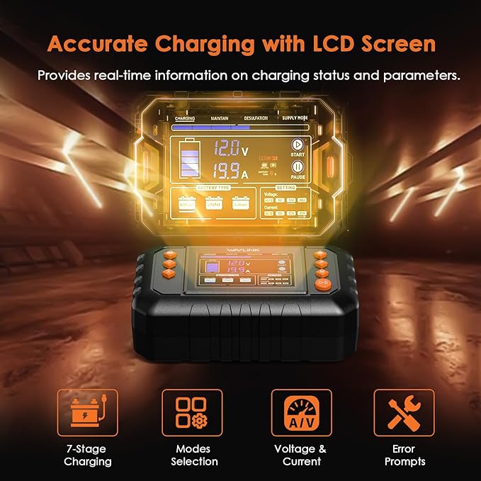 WAVLINK 280W Smart Battery Charger, Max. 20A Trickle Charger with LCD Display, for 6V/12V/24V Lead-Acid/Lithium/LiFePO4 Batteries, Battery Maintainer and Desulfurizer for Cars (20-amp)