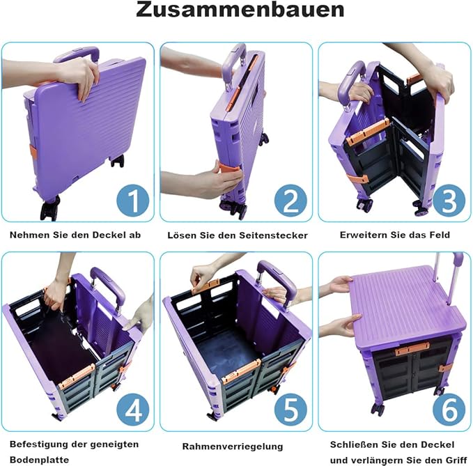 Foldable Utility Cart Folding Portable Rolling Crate Handcart Shopping Trolley Wheel Box with Lid Wear-Resistant Noiseless 360°Rotate Wheel for Travel Shopping Moving Storage Office Use (Purple)