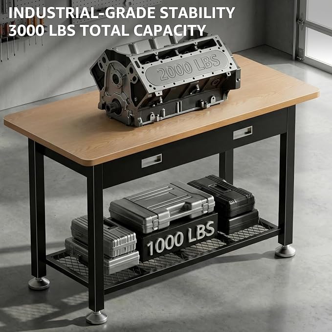47.2" Heavy Duty Work Bench with Drawer and Storage for Garage, Small Wood Top and Metal Work Table for Crafts, 3D Printer Reloading Bench, Tool Chest Workbenches Crafting Table Working Station