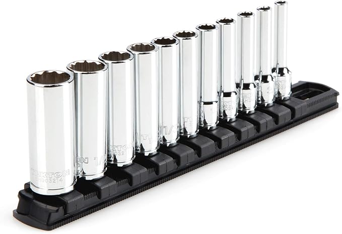 TEKTON 1/4 Inch Drive Deep 12-Point Socket Set with Rail, 11-Piece (5/32 - 9/16 in.) | SHD90107