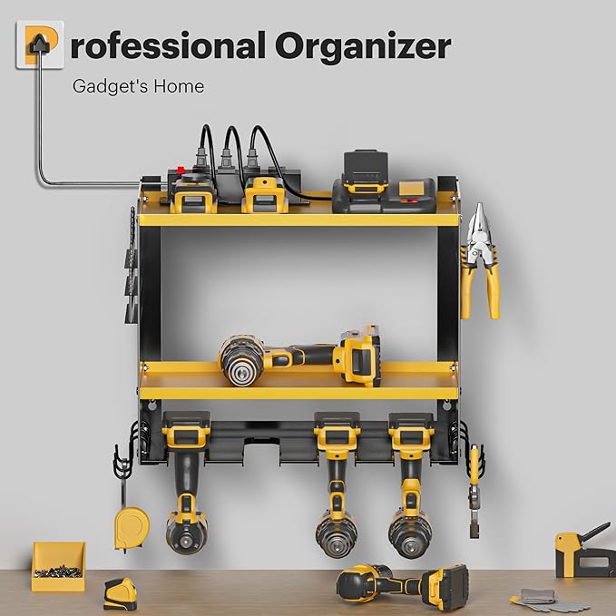 Spampur Power Tool Organizer Wall Mount with Charging Station, Tool Battery Holder with 4 Outlet Power Strip15 Min Assembly & Maximum 100lb Load by Heavy Duty Metal, 4 Slots for Cordless Drill