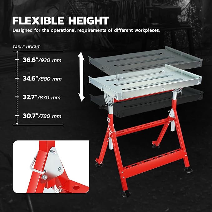 DNA Motoring Carbon Steel Welding Table 29.5in x 19.3in 400lbs Loding Capacity, Adjustable Angle & Height, Portable Work Bench with 2 Fixed Wheels, TOOLS-00461