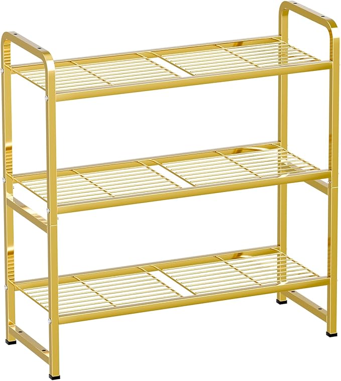 3 Tier 30" Wide Metal Wire Shelf, Stackable & Adjustable Gold Utility Shelves for Pantry, Garage, Closet Storage