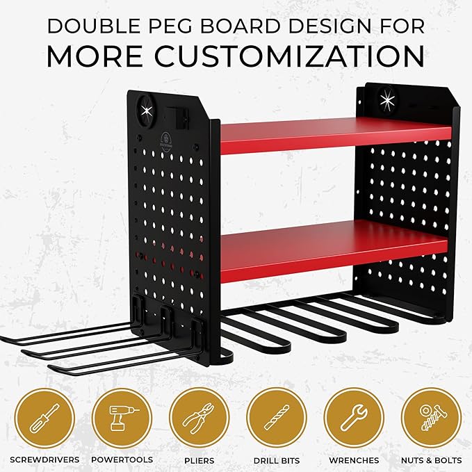 BUILTSTRONG Power Tool Organizer-6 Drill Holder Wall Mount, 3 Tier Heavy-Duty Hand Tool Storage Rack, Utility Racks, Drill Holder, 2 Pegboard Sides - Garage Storage Cordless Tool Organizer (Red)