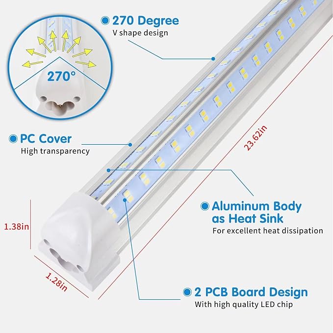 AQIQUUT Led Shop Light 2ft, Led Shop Light,25W 6500K 3200LM Clear Cover,T8 LED Light Fixture,Ceiling and Utility Shop Lights, Linkable Light Fixture for Room, Garage, Workbench, Warehouse(2-Pack)
