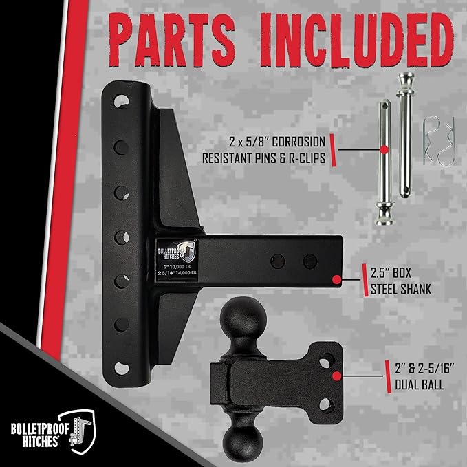 BulletProof Hitches - 2.5" Adjustable Medium Duty Trailer Hitch (14,000 lb. Rating) - Offset 4" and 6" Drop/Rise Trailer Hitch with 2" & 2-5/16" Dual Ball - Powder Coat, Box Steel, Corrosion-Resistant