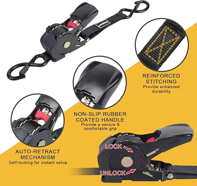 Ayaport Retractable Ratchet Straps 1in x 12.5ft – Heavy Duty 1200lbs Break Strength Ratchet Straps Self Retractable Tie Down with S Hooks for Motorcycles, Dirt Bikes, Atvs, Trucks, Cargo, Trailers