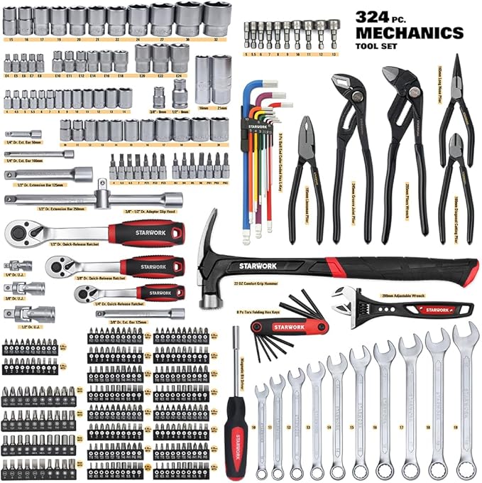STARWORK TRUE MECHANIC™ 324-Piece Mechanics Tool Set and Socket Set with 22oz Dragon One-Piece Rip Hammer w/Grip, Professional