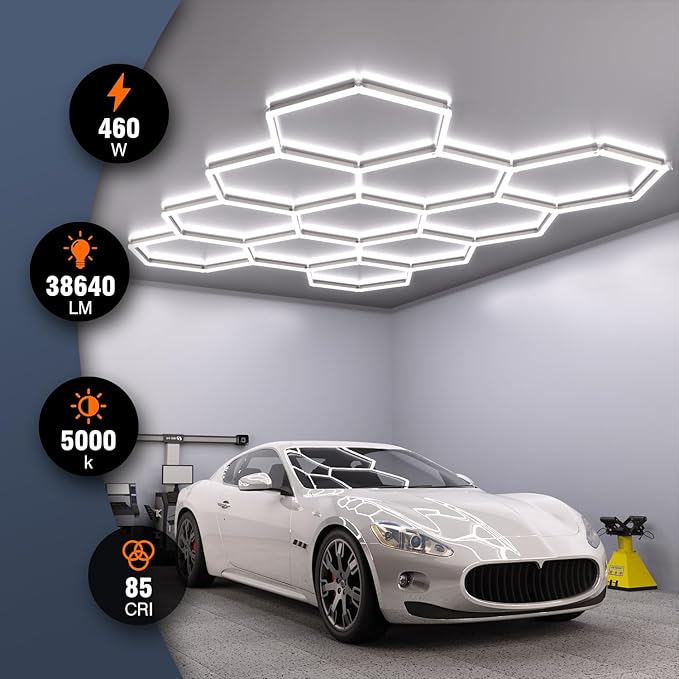 Hexagon Garage Lights, 11-Hex Lights Garage, Led Hexagon Lights, 460w, 55200lm, 5000k Ultra Bright, Modular Honeycomb Shop Light for Gym Lighting, Car Detail Lighting, Warehouse