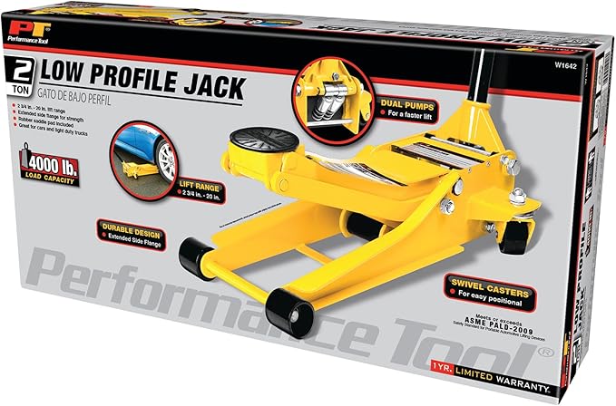 Performance Tool W1642 Professional Low-Profile Swiveling Floor Jack, 2-Ton Capacity, Lift Range 2-3/4-Inch to 20-Inch