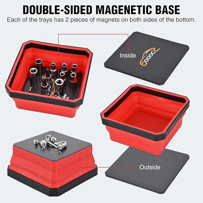 GOOACC 3 Pcs Square Collapsible Magnetic Parts Tray Set Multiple Colors Silicone Foldable Tool Trays Organizer for Screws Bolts Nuts Pins Washers and Other Small Metal Parts Double Sided Magnet Base