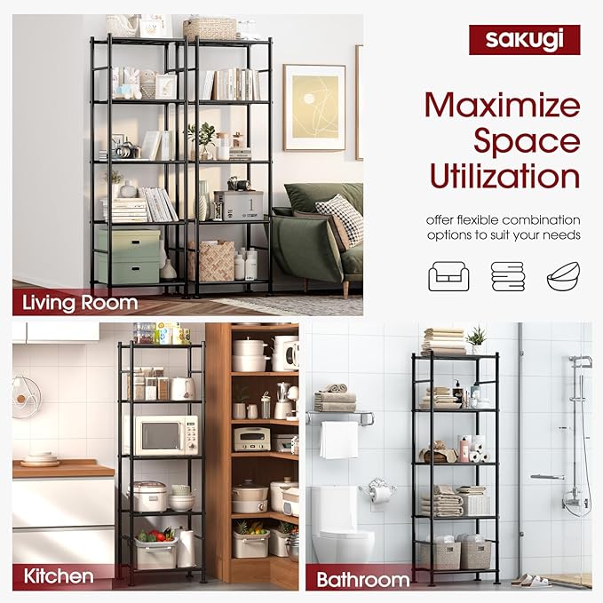 Sakugi Storage Shelves - Set of 2, 5-Tier Metal Shelf Organizer, Space-Saving Garage Shelving with Leveling Feet, Standing Shelves Organizer for Kitchen, Laundry, Pantry (18.4" x 12.6" x 57.4", Black)