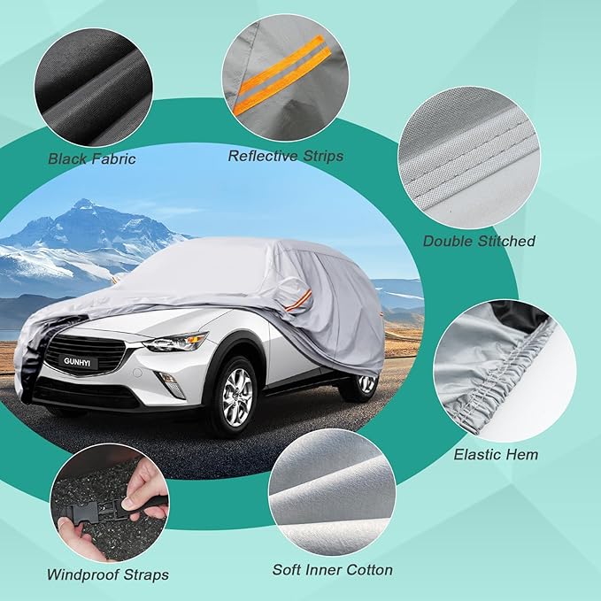 6 Layers SUV Car Cover Waterproof All Weather, 100% Waterproof Outdoor Car Covers Full Exterior Covers for Automobiles Sedan Hatch SUV Rain Sun UV Dust Protection. Size S3 (See Size Chart)