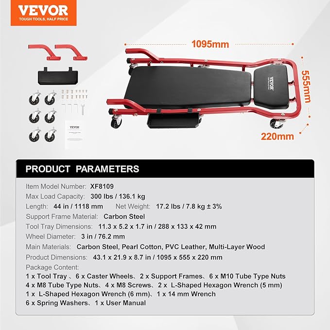 VEVOR Mechanic Garage Creeper, 44-Inch, 300 lbs Capacity Automotive Rolling Creeper with 6 Casters Adjustable Cushioned Headrest Tool Tray, Heavy Duty Steel Frame for Garages, Repair Shops, and DIY