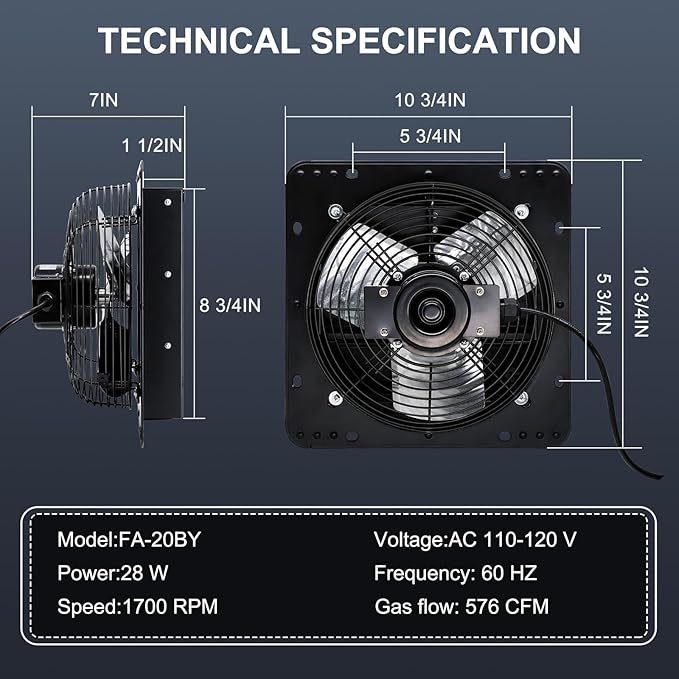 Criditpid 7 Inch Shutter Exhaust Fan with Speed Controller Switch, 576 CFM High Speed Vent Fans, 1700 RPM Wall Mounted Kitchen Exhaust Fans, Vent Fan for Attic, Gable, Shed, Garage Ventilation, Black.