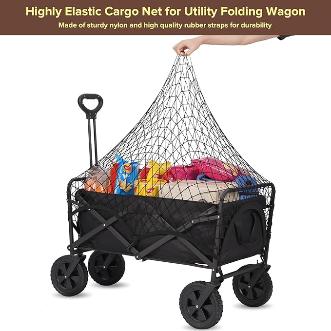 Kaskawise Elastic Mesh Cargo Net for Folding Wagon, Heavy Duty Stretch Storage Cover with 6 Hooks for Beach Cart, Garden Utility Trolley Accessories, 35.5 x 23.6 Inch Black