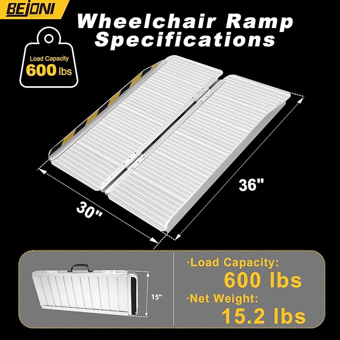BEJONI Portable Wheelchair Ramp 3FT, Aluminum Folding Handicap Ramp, 30''W Non-Slip Surface, Wheelchair Ramps for Home Steps, Doorways, Threshold, Scooters