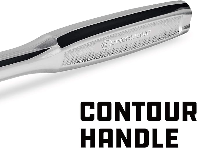 Powerbuilt 3/8-Inch Drive Pro Tech Ratchet Handle, Contour Handle, 72-Tooth Compact Head, Quick Release, Chrome Vanadium, Mirror Polish Finish, 7-7/8" Length - 649969