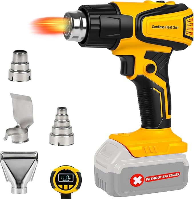 Cordless Heat Gun Compatible with Dewalt 20V Battery, LCD Display 350W 2-Temp Setting (120℉-1110℉), 4 Nozzle, Portable Hot Air Gun for Shrink Tubing, Paint Removal,DIY (Tool Only, NO Battery)