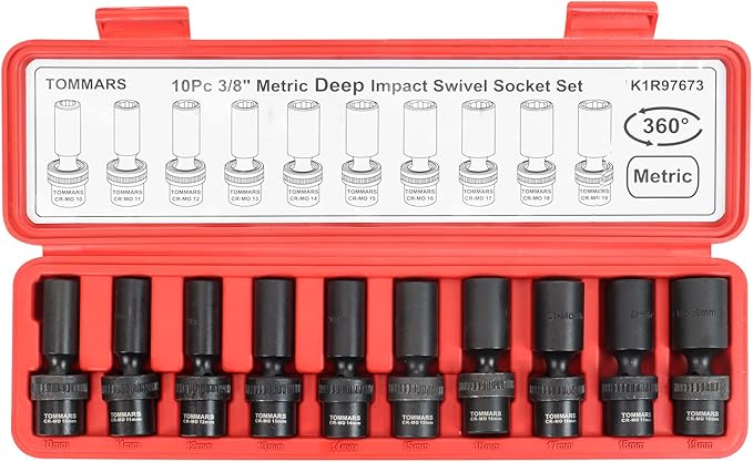 TOMMARS 3/8" Drive Universal Swivel Impact Socket Set Deep, 6 Point Wobble Flexible Socket Set Metric 10-19 mm CR-MO Steel