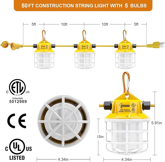 50ft LED Construction String Lights, 75W 7500LM Industrial Grade Super Bright String Work Lights for Construction Sites, Temporary Work, Renovation, Jobsite, and all outdoor lighting(50ft-5lights)
