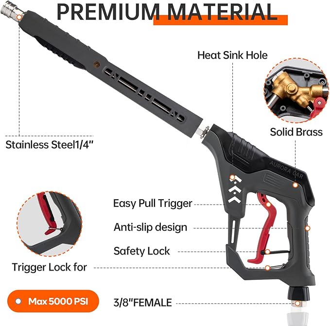 Pressure Washer Gun with Swivel, with Replacement Wand Extension, with M22 14mm & 15mm Fitting, 3/8" Quick Connect Plug, 5 Nozzle Tips with Nozzle Holder, 5000PSI, 41 Inch, Stainless Steel