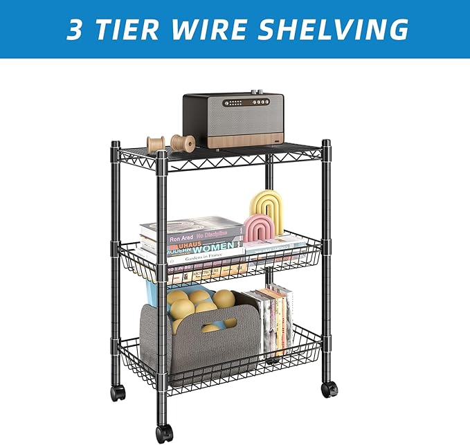 Guan River 3 Tier Rolling Cart Service Cart Wire Basket Shelf Storage Trolley Shelf 2 Bottoms for Choose(Castor or Leveling Feet) for Office,Kitchen,Black(23.23" L x 13.11" W x 32.28" H)
